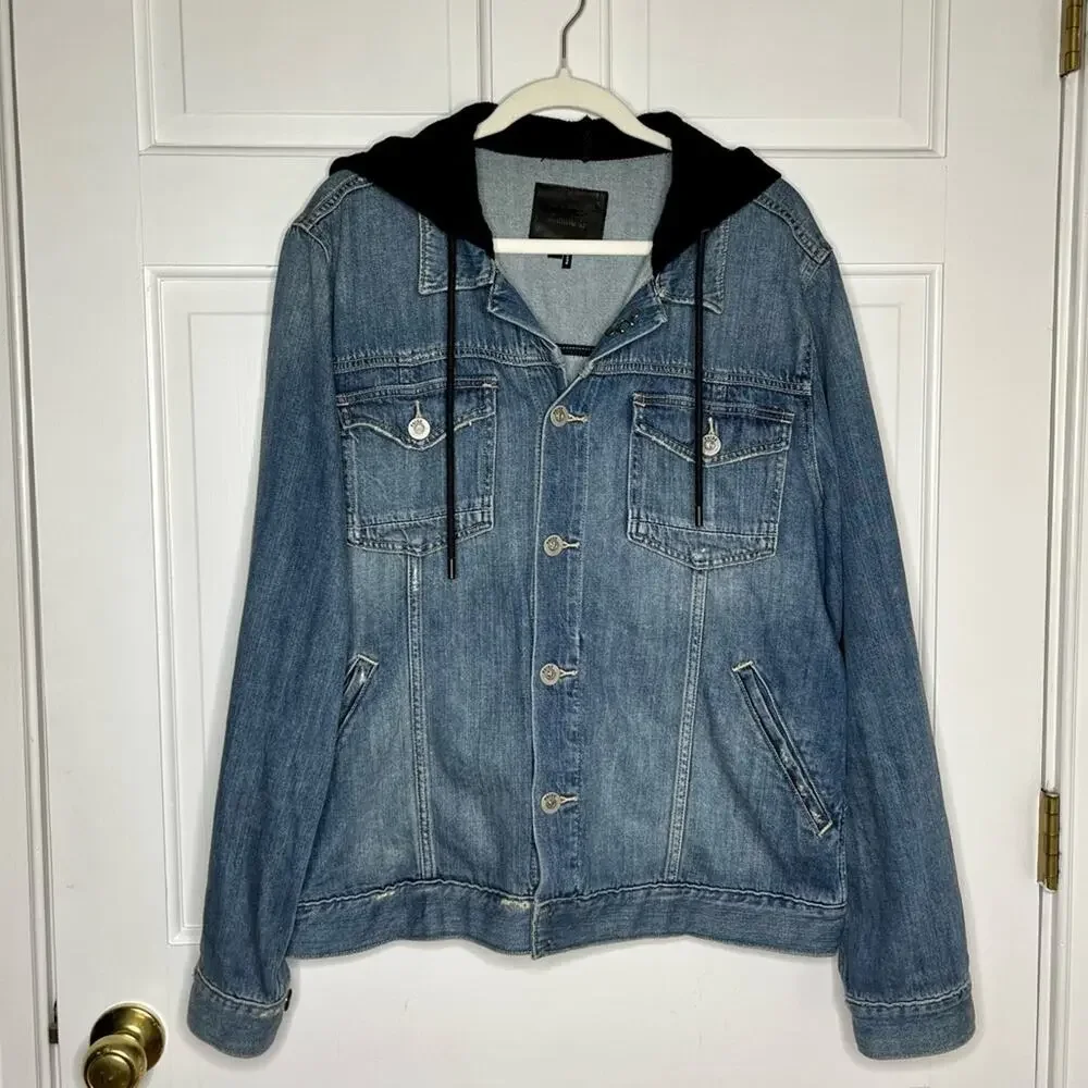 Paige Scout Mid-Wash Denim Jean Jacket with Black Drawstring Hoodie Size XL
